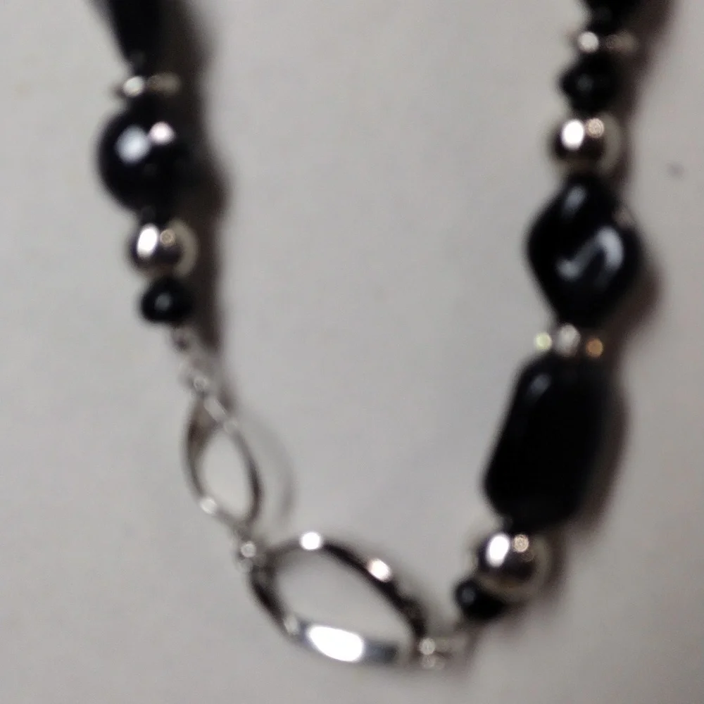 Black & Silver Beaded Long Statement Necklace – Modern Geometric Jewelry